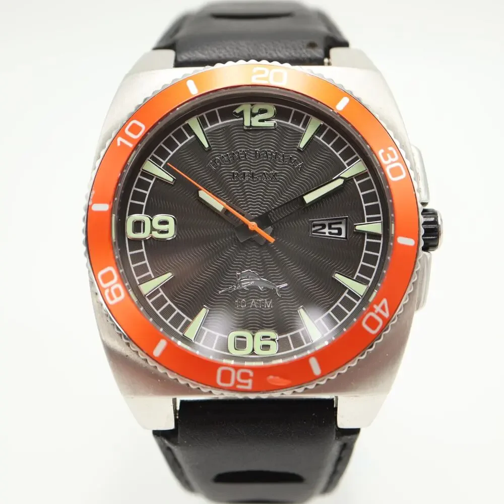 Tommy Bahama Relax Diver 41mm Watch Date Black Leather Silver Orange New Battery